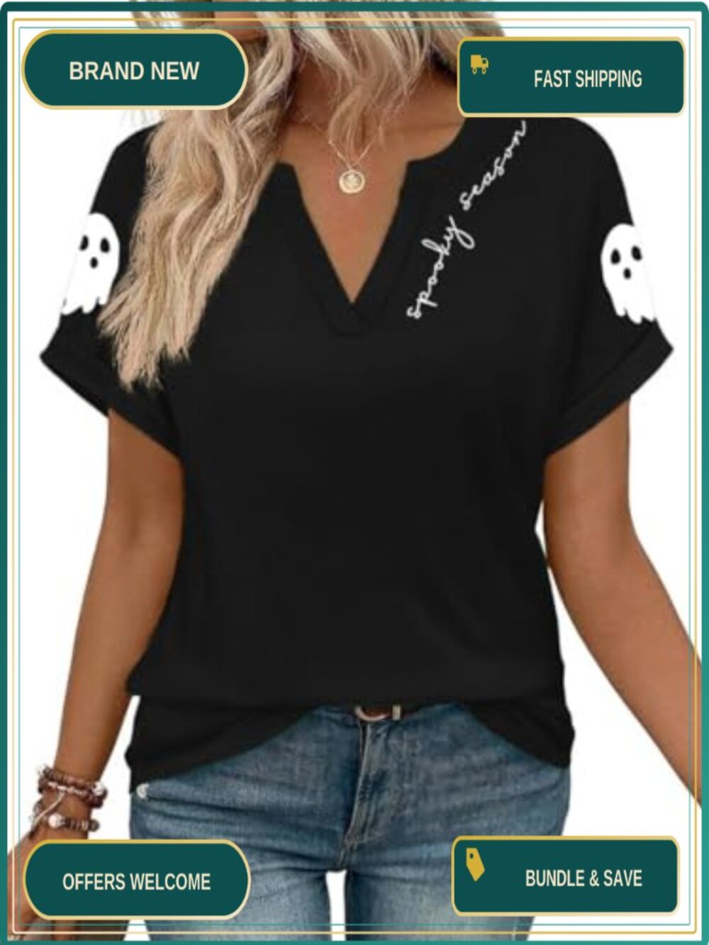 Women Fall Halloween V Neck Short Sleeve Graphic Tee Pumpkin Witch Ghost